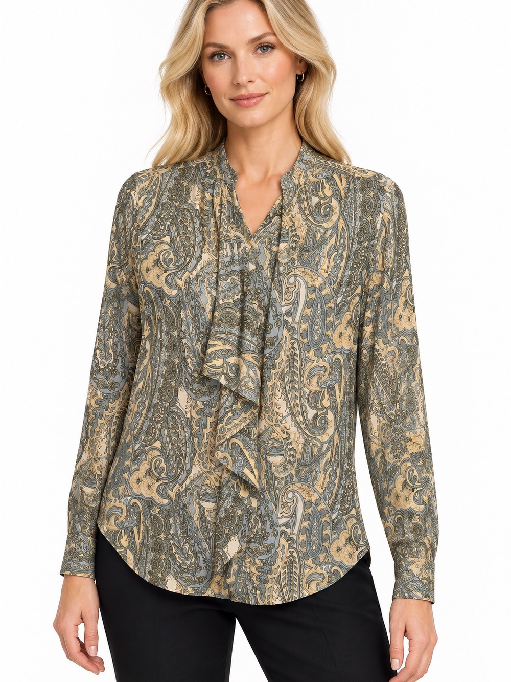 Ralph Lauren Black Label Size Small Paisley Ruffle V-Neck Long-Sleeve Blouse